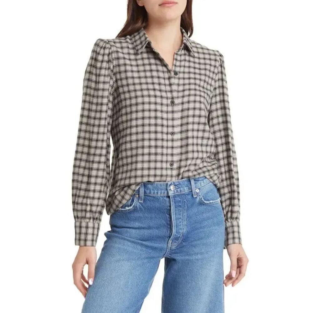 Rails Shirt Womens Angelica Check Flannel Small Beige Black Plaid Button Front